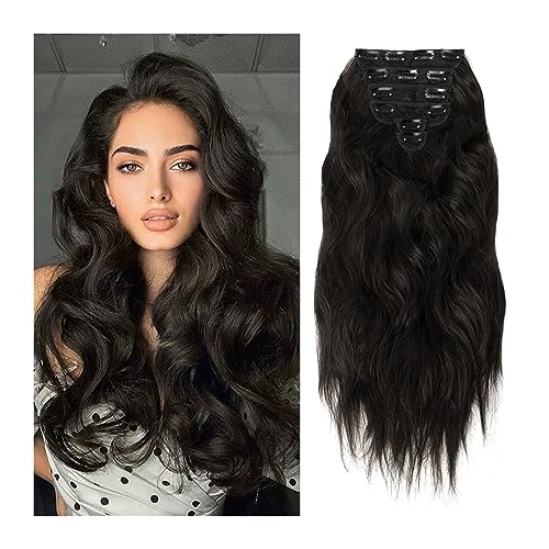 Haarverlängerung Clip 6 Stück/Set Clip-in-Haarverlängerungen aus Kunsthaar, 55,9 cm lang, gewellt, Clip-in-Haarteil, hitzebeständig, Haarverlängerung, Clips in dunkelbraunem Haarteil for Frauen Haarve von Huangj-0527