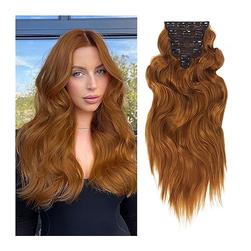 Haarverlängerung Clip 6 Stück synthetisches Haarteil, lange gewellte Clip-in-Haarverlängerungen, orange-rote Faser-Haarteile, lange, dicke, gewellte Haarverlängerungen for Frauen Haarverlängerungen von Huangj-0527