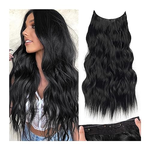 Haarverlängerung Clip Synthetische unsichtbare Draht-Haarverlängerungen mit transparentem Draht, 4 sichere Clips, langes gewelltes geheimes Haarteil, 22 Zoll, Schwarz for Frauen Haarverlängerungen von Huangj-0527