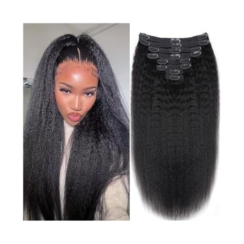 Haarverlängerung Clip Verworrene gerade Clip-in-Haarverlängerungen aus echtem Menschenhaar for Frauen, doppelter Schuss, voller Kopf, brasilianisches Remy-Haar, Yaki-gerade Clip-ins, natürliche schwar von Huangj-0527