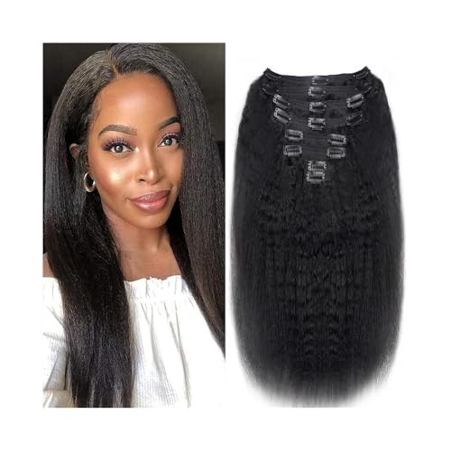 Haarverlängerung Clip Verworrene gerade Clip-in-Haarverlängerungen for schwarze Frauen, echtes menschliches Haar, natürliches Schwarz, 8 Stück, 120 g, voller Kopf, Yaki, gerade Clip-in-Erweiterungen H von Huangj-0527