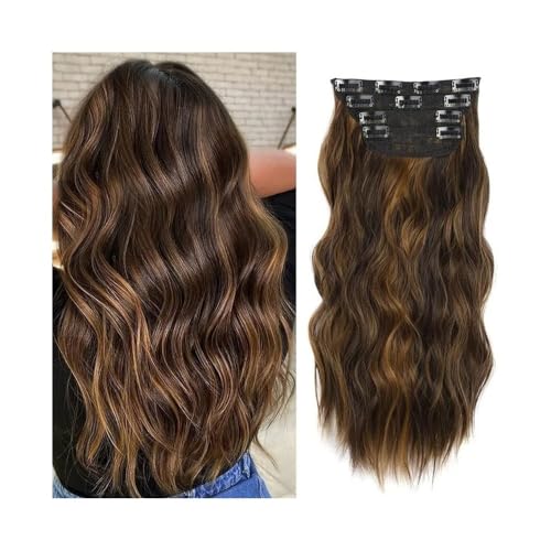 Haarverlängerung Clip Wasserwellen-Clip-in-Haarverlängerung, 4 Stück, natürlich aussehende synthetische Haarverlängerung for Frauen, 50,8 cm, 180 g, lange, gewellte, lockige Haarverlängerung mit 11 Cl von Huangj-0527