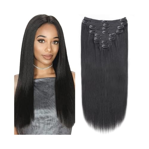 Haarverlängerung Clip Yaki Straight Clip-in-Haarverlängerungen, 8 Stück, natürliche schwarze Echthaarverlängerungen, verworrene gerade brasilianische Remy-Haar-Clip-in-Haarverlängerungen for Frauen Ha von Huangj-0527