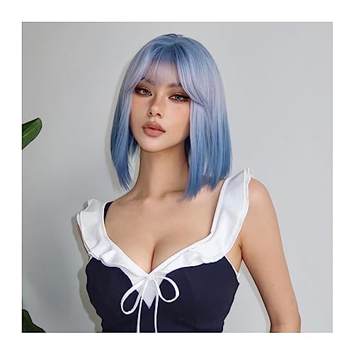 Perücken für Frauen 14 Zoll/35 cm blaue Cosplay-Synthetik-Perücken, kurzer Bob, gerade, Lolita, Halloween-Haar-Perücke mit Pony for Afro-Frauen, hitzebeständig für die Tägliche Party Cosplay Tragen von Huangj-0527