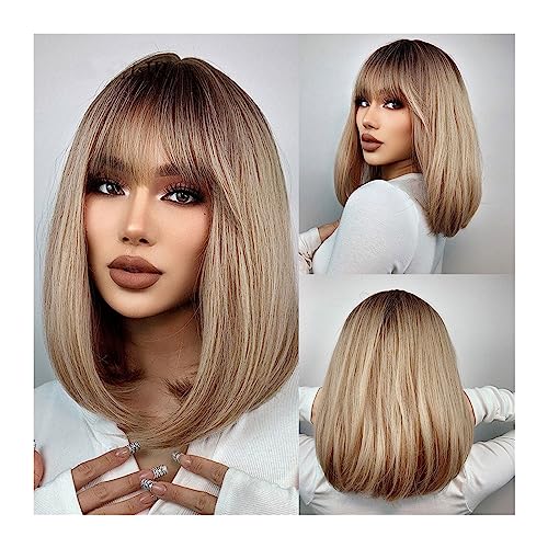 Perücken für Frauen 15,7 Zoll kurze gerade Bob-Perücken mit Pony, goldbraun, natürliches Kunsthaar for Frauen, tägliches Cosplay, hitzebeständige Faserperücken für die Tägliche Party Cosplay Tragen von Huangj-0527