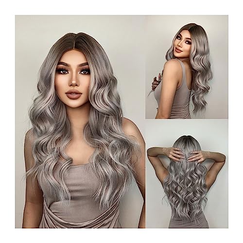 Perücken für Frauen 24 Zoll lange Ombre-Synthetik-Perücken for Frauen, Mittelteil, hohe Dichte, Temperatur, gewellt, Cosplay-Perücken, hitzebeständig für die Tägliche Party Cosplay Tragen von Huangj-0527