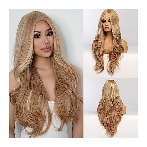 Perücken für Frauen 30-Zoll-Perücke mit goldenem Highlight, blond, lange gewellte synthetische Perücken, Mittelteil, natürliche Haare for Frauen, tägliche Party, hitzebeständige Fasern für die Täglich von Huangj-0527
