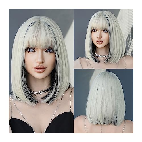 Perücken für Frauen 38 cm/14,96 Zoll Hellblonde Bob-Perücken for Damen, kurze Platin-Perücke mit Pony, natürliche modische synthetische Perücke, tägliche Party, Halloween, Kunsthaar für die Tägliche P von Huangj-0527
