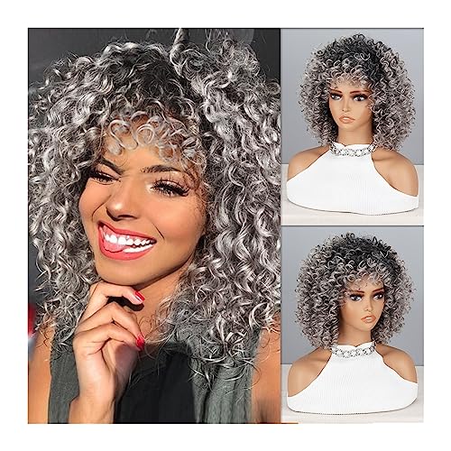 Perücken für Frauen Afro verworrene lockige Perücken mit Pony for synthetische Perücken, natürliches Haar, silbergraue Perücke, Cosplay, hitzebeständige Faser für die Tägliche Party Cosplay Tragen von Huangj-0527