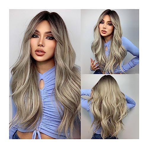 Perücken für Frauen Braunblonde Perücken for Frauen, lange blonde Wellen mit dunklen Wurzeln, synthetische Perücke, hitzebeständig für die Tägliche Party Cosplay Tragen von Huangj-0527