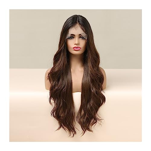 Perücken für Frauen Braune lange gewellte synthetische Perücken mit Spitze vorne, natürliche transparente Spitze-Frontal-Perücke for Frauen, vorgezupft, Cosplay, hitzebeständig für die Tägliche Party von Huangj-0527