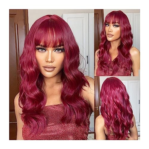 Perücken für Frauen Burgund weinrote lange lockige synthetische Perücken mit Pony mittellange Cosplay-Wellenperücke for Frauen Afro natürliches hitzebeständiges Haar für die Tägliche Party Cosplay Tra von Huangj-0527