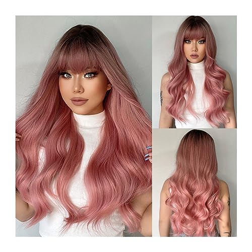 Perücken für Frauen Grau-rosa lange gewellte Kunsthaar-Perücken mit Pony for weiße Frauen, natürliche Cosplay-Welle, schwarze aschrosa Perücke, hitzebeständige Faser für die Tägliche Party Cosplay Tra von Huangj-0527