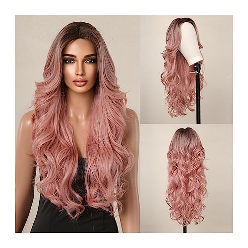 Perücken für Frauen Haaransatz Spitze Langes Lockiges Haar Perücken Braun Rosa Synthetische Perücke for Frauen Körperwelle Spitze Haar Rosa Cosplay Perücke Hitzebeständig für die Tägliche Party Cospla von Huangj-0527