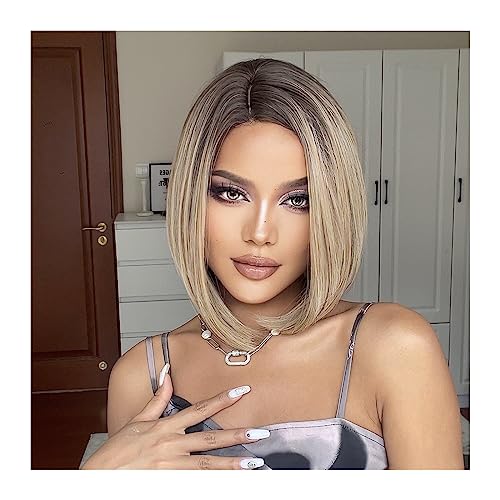 Perücken für Frauen Kurze braune Bob-Perücken for Frauen, glattes Kunsthaar mit dunklem Ansatz, mittlerer Teil, tägliche Cosplay-Hochtemperatur-Perücke für die Tägliche Party Cosplay Tragen von Huangj-0527