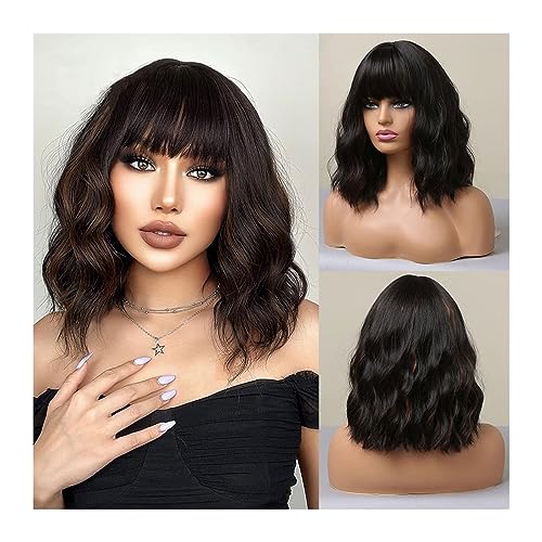 Perücken für Frauen Kurze gewellte dunkelbraune gemischte goldene Perücken mit Pony, schwarzblondes Bob-Kunsthaar for Frauen, natürliche Cosplay-hitzebeständige Perücke für die Tägliche Party Cosplay von Huangj-0527