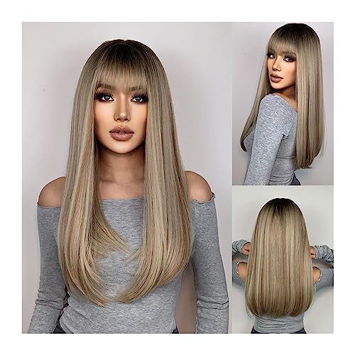 Perücken für Frauen Lange gerade synthetische Perücken for Frauen, natürliche braune blonde Perücke mit Pony, hitzebeständiges Cosplay-Party-Haar für die Tägliche Party Cosplay Tragen von Huangj-0527