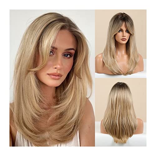 Perücken für Frauen Lange gerade synthetische Perücken mit dunklen Ansätzen, ombre schwarzblonde Aschenperücken mit Pony 50,8 cm, modische, hitzebeständige Perücken for den täglichen Partygebrauch for von Huangj-0527
