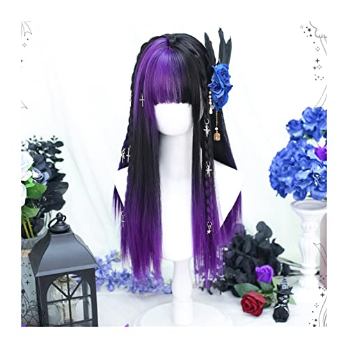 Perücken für Frauen Lange lila schwarze gerade Perücke seidige gerade synthetische hitzebeständige Ponyperücke Halloween-Kostüm Cosplay Haarperücken for Frauen für die Tägliche Party Cosplay Tragen von Huangj-0527