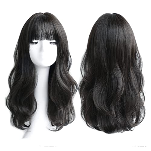 Perücken für Frauen Lange lockige synthetische Perücke mit Air Bangs Natürliche schwarze lockige Haarperücke Weiche, glatte, hitzebeständige Faserperücke for die tägliche Party für die Tägliche Party von Huangj-0527