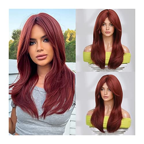 Perücken für Frauen Lange natürliche gewellte synthetische Perücke mit Vorhangknallen, weinrote gewellte Perücke for Frauen, 150% natürliche, realistische, hitzebeständige Perücken for den täglichen von Huangj-0527