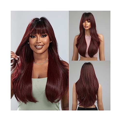 Perücken für Frauen Lange weinrote synthetische Perücken, natürliche gewellte Haare mit Pony, rotbraune Perücke mit tiefen Wurzeln, hitzebeständig, Cosplay-Partyhaar for Frauen für die Tägliche Party von Huangj-0527