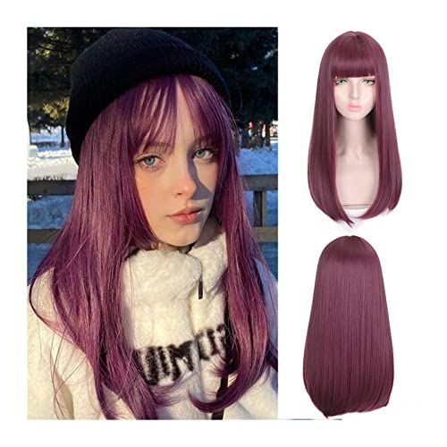 Perücken für Frauen Langes, seidiges, glattes Haar, synthetische Perücke mit Pony, burgunderfarbene Perücken mit Pony, natürlich aussehende, hitzebeständige synthetische Perücke for tägliches Party-Co von Huangj-0527