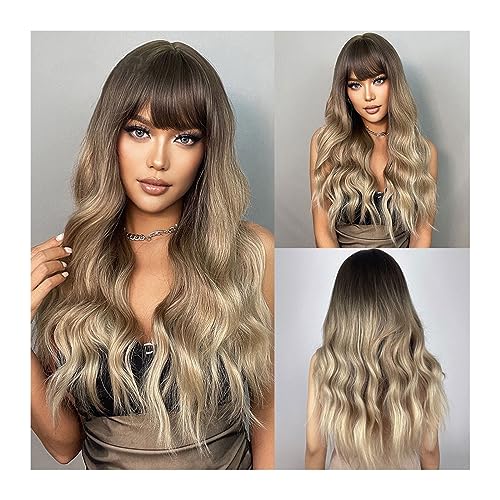 Perücken für Frauen Ombre Braune goldene Wellenperücke mit Pony, synthetische lange lockige Haarperücken for Frauen, weiblich, gefälschte Har, hitzebeständige Faser für die Tägliche Party Cosplay Trag von Huangj-0527