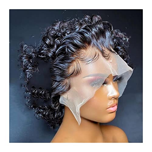 Perücken für Frauen Pixie Cut Perücke 13 × 1 lockiges Echthaar Spitzenperücken for Frauen kurze Bob Wasserwelle transparente Spitzenperücke brasilianisches Remy-Haar vorgezupft mit Babyhaar für die Tä von Huangj-0527