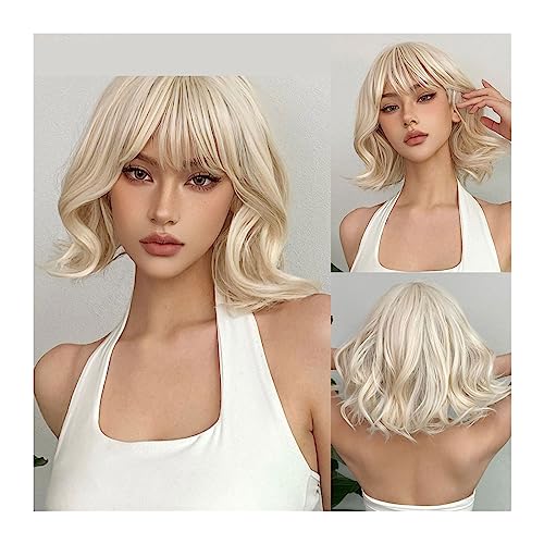 Perücken für Frauen Platinblonde, kurze, gewellte Perücke mit Pony, synthetischer Bob, Cosplay, Lolita, Naturhaar-Perücken for weiße Frauen, hitzebeständig für die Tägliche Party Cosplay Tragen von Huangj-0527