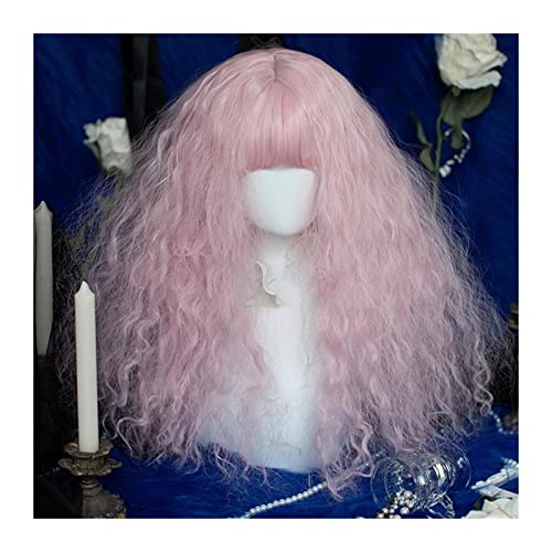 Perücken für Frauen Rosa Perücke mit Pony, lange lockige Kunsthaarperücke, flauschige, lockige, hitzebeständige Kunsthaarperücke, rosa Party-Cosplay-Kostüm-Halloween-Perücke für die Tägliche Party Cos von Huangj-0527