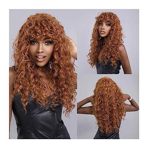Perücken für Frauen Rotbraune lange lockige Damenperücke mit Pony, hitzebeständige synthetische Perücken, flauschige natürliche Perücken, Fransen, weiches Haar, Party, täglicher Gebrauch für die Tägli von Huangj-0527