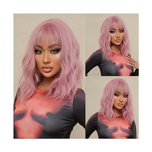 Perücken für Frauen Schulterlange gewellte Perücke mit Pony, synthetische rosa Bob-Cosplay-Perücken for schwarze Frauen, amerikanisches, natürliches, hitzebeständiges Haar für die Tägliche Party Cospl von Huangj-0527