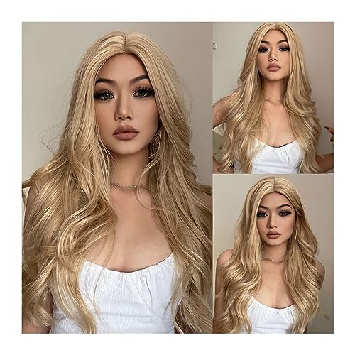 Perücken für Frauen TINY LANA Lange gewellte blonde synthetische Perücken mit Highlights im Mittelteil for Afro-Frauen, Cosplay, natürliches Haar, hitzebeständige Faser für die Tägliche Party Cosplay von Huangj-0527