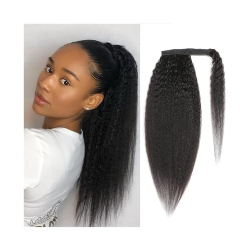 Ponytail Extension 12"-26" langer, gerader Yaki-Pferdeschwanz, Wickel-Pferdeschwanz-Haarteil, Clip in brasilianischem Remy-Haar, verworrene, gerade Pferdeschwanz-Haarverlängerung for schwarze Frauen P von Huangj-0527