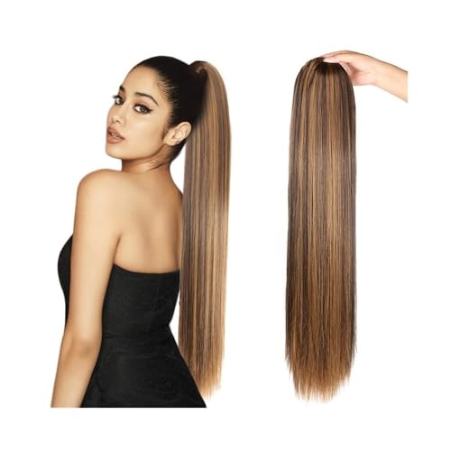 Ponytail Extension 16-26 Zoll Kordelzug-Pferdeschwanzverlängerung, glattes Echthaar, Pferdeschwanz-Clip-in-Haarteil #P4/27, brasilianisches Remy-Haar, Pferdeschwanz-Haarteile for Frauen Pferdeschwanz von Huangj-0527