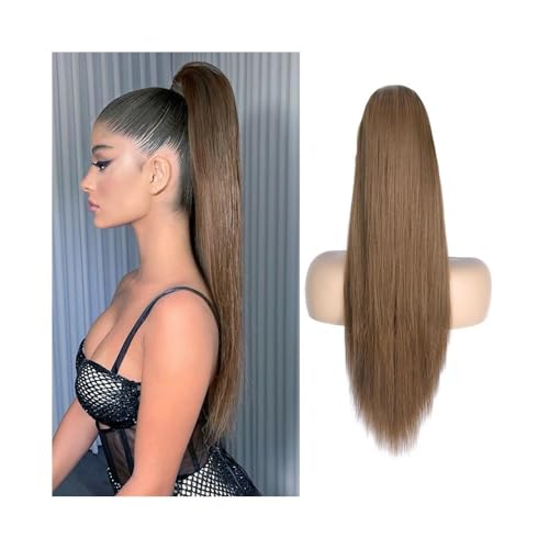 Ponytail Extension Glatte Echthaar-Pferdeschwanzverlängerung for Frauen und Mädchen, 40,6–66 cm langes brasilianisches Remy-Haar mit Kordelzug, Pferdeschwanz Nr. 6, braunes Clip-in-Pferdeschwanz-Haart von Huangj-0527