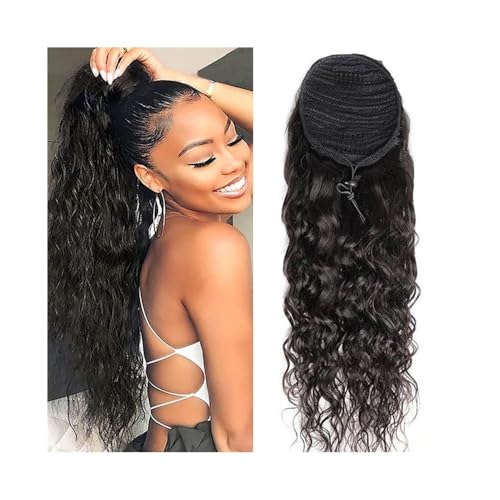 Ponytail Extension Wasserwellen-Pferdeschwanz-Echthaarverlängerung mit Kordelzug, natürliches Schwarz, 25,4–66 cm, lose, tief gewellte Pferdeschwanz-Haarteile, Clip-in-Haarverlängerungen for Frauen Pf von Huangj-0527