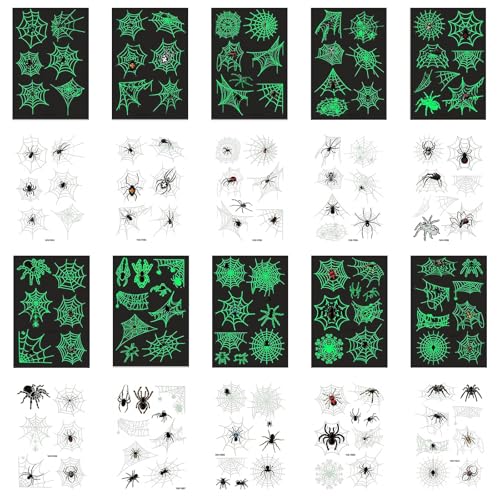 Halloween Tattoo Kinder 10 Blätter Leucht Spinne Tattoo für Jungen Mädchen, Halloween Spinnennetz temporäre Tat-too Aufkleber, Spinnen Tat-too Karneval, Realistisch Spinnennetz Hallo-ween Cosplay von Huanmin