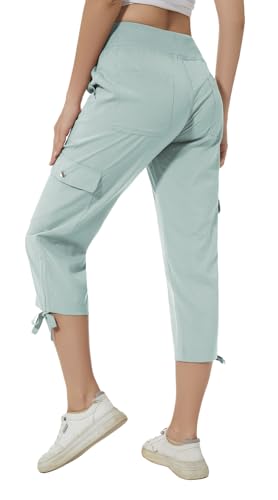 Huayuzh Damen Cargo Caprihose Wanderhose 3/4 Hose Sommer Cargohose Leichte Atmungsaktiv Athletisch Reisen Lässig Outdoorhose Blaugrün XXXL von Huayuzh