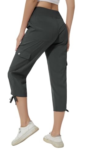 Huayuzh Damen Cargo Caprihose Wanderhose 3/4 Hose Sommer Cargohose Leichte Atmungsaktiv Athletisch Reisen Lässig Outdoorhose Dunkelgrau 2XL von Huayuzh