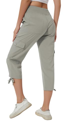 Huayuzh Damen Cargo Caprihose Wanderhose 3/4 Hose Sommer Cargohose Leichte Atmungsaktiv Athletisch Reisen Lässig Outdoorhose Grau Khaki XL von Huayuzh