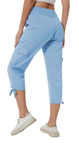 Huayuzh Damen Cargo Caprihose Wanderhose 3/4 Hose Sommer Cargohose Leichte Atmungsaktiv Athletisch Reisen Lässig Outdoorhose Hellblau 2XL von Huayuzh