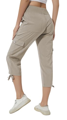 Huayuzh Damen Cargo Caprihose Wanderhose 3/4 Hose Sommer Cargohose Leichte Atmungsaktiv Athletisch Reisen Lässig Outdoorhose Khaki L von Huayuzh