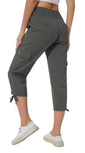 Huayuzh Damen Cargo Caprihose Wanderhose 3/4 Hose Sommer Cargohose Leichte Atmungsaktiv Athletisch Reisen Lässig Outdoorhose Military Green 2XL von Huayuzh