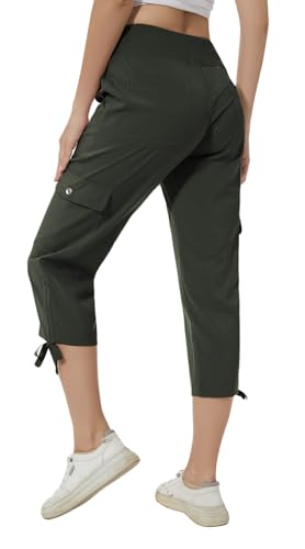 Huayuzh Damen Cargo Caprihose Wanderhose 3/4 Hose Sommer Cargohose Leichte Atmungsaktiv Athletisch Reisen Lässig Outdoorhose Military Green 2XL von Huayuzh