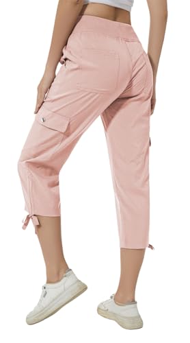 Huayuzh Damen Cargo Caprihose Wanderhose 3/4 Hose Sommer Cargohose Leichte Atmungsaktiv Athletisch Reisen Lässig Outdoorhose Rosa XXL von Huayuzh