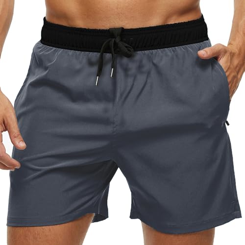 Huayuzh Herren-Badeshorts für Herren, schnell trocknend, atmungsaktiv, Strand, Surfen, Badeshorts mit Reißverschlusstaschen, Netzfutter, grau, 6 von Huayuzh