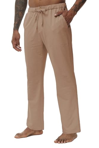 Huayuzh Herren Leinenhose Lang Baumwolle Leicht Casual Yogahose Freizeithose Sommerhose Strandhose Urlaub Strand Alltag Helles Khaki L von Huayuzh