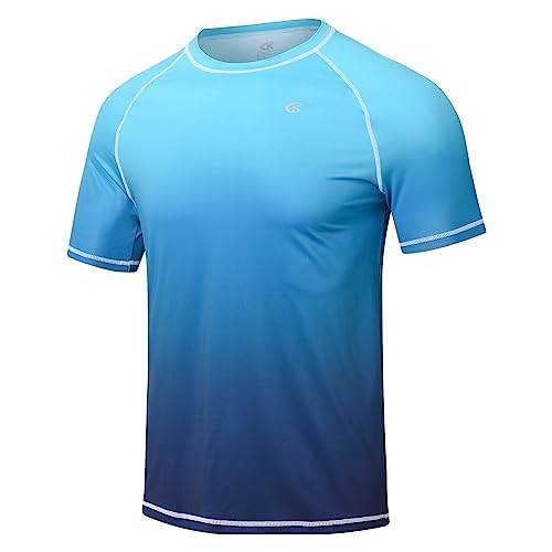 Huayuzh Herren Rashguard T-Shirt Schwimm Shirt Schnelltrocknend Leicht Atmungsaktiv Surfen Angeln Wandern Shortsleeve Top Verlaufsfarbe Blau L von Huayuzh